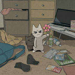 Rule 34 | :&gt;, animal, bag, blue bag, bottle, cat, chest of drawers, closed eyes, computer, cup ramen, flower, holding, holding flower, indoors, jacket, key, laptop, magazine (object), mail, mojacookie, no humans, pink flower, rug, shikaru neko, shikaru neko (character), socks, unworn bag, unworn jacket, unworn socks, wavy eyes, whiskers
