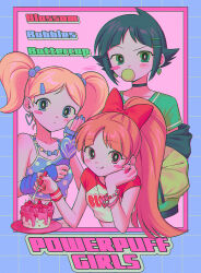 Rule 34 | 3girls, absurdres, black hair, blonde hair, blossom (ppg), blowing bubble gum, blowing bubbles, blue eyes, blue nails, blush, blush stickers, bow, brown hair, bubbles (ppg), buttercup (ppg), character name, chewing gum, closed mouth, copyright name, crop top, earrings, green eyes, hair bow, hair ornament, hairclip, heart, heart earrings, highres, jewelry, menma (enaic31), multiple girls, pink eyes, ponytail, powerpuff girls, red bow, red nails, short hair, short twintails, single blush sticker, smile, tongue, tongue out, twintails