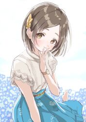 Rule 34 | 1girl, alternate hair length, alternate hairstyle, aqua skirt, barefoot, blue flower, blush, brown hair, commentary request, fingernails, flower, gakuen idolmaster, highres, idolmaster, kuramoto china, layered sleeves, light blush, looking at viewer, maruno zzz, parted bangs, pleated skirt, shirt, shirt tucked in, short hair, sitting, skirt, solo, wariza, watch, white shirt, wristwatch