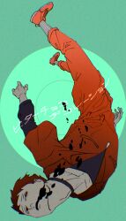 1boy air_bubble bitter_choco_decoration_(vocaloid) black_choker black_undershirt bubble choker collarbone daiki_amano falling green_background highres jewelry jumpsuit kaki-pi-suke long_sleeves looking_back looking_up male_focus orange_eyes orange_hair orange_jumpsuit orange_shoes plate prison_clothes shoes short_hair short_sleeves simple_background socks solo song_name translation_request white_socks