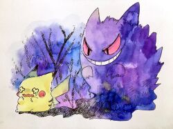 Rule 34 | bare tree, evil grin, evil smile, flying sweatdrops, full body, gen 1 pokemon, gengar, grin, highres, nintendo, no humans, non (kumakawayusu), open mouth, painting (medium), pikachu, pokemon, pokemon (creature), red eyes, simple background, smile, traditional media, tree, v-shaped eyes, watercolor (medium), wavy eyes, wavy mouth, white background