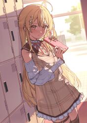 Rule 34 | 1girl, :t, absurdres, ahoge, blonde hair, blush, box, brown dress, brown eyes, brown sailor collar, buttons, clothing cutout, commentary, cowboy shot, day, detached sleeves, double-breasted, double-parted bangs, dress, fortissimo, getabako, gift, gift box, hair between eyes, hair ornament, hair ribbon, hairclip, highres, holding, holding gift, hololive, hololive dev is, indoors, long hair, long sleeves, looking at viewer, musical note, musical note hair ornament, neck ribbon, one side up, otonose kanade, otonose kanade (1st costume), plaid clothes, plaid dress, pout, red eyes, red ribbon, ribbon, sailor collar, school, shirt, shoulder cutout, sidelocks, solo, thigh strap, thighhighs, thighs, tsukino (nakajimaseiki), valentine, very long hair, virtual youtuber, white shirt, zettai ryouiki