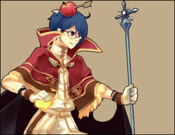 1boy apple_on_head arrow_through_apple black-framed_eyewear black_wings blue_hair brown_background brown_eyes capelet closed_mouth commentary_request fire fireball fur-trimmed_capelet fur_trim glasses gloves high_collar high_wizard_(ragnarok_online) holding holding_staff jiu_(cocue) looking_afar magic male_focus pants pyrokinesis ragnarok_online red_capelet shirt short_hair simple_background smile solo staff upper_body white_gloves white_pants white_shirt wings