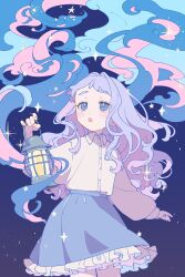 1girl absurdres blue_clouds blue_eyes blue_skirt cloud collared_shirt dress_shirt freckles frilled_skirt frills grey_hair hand_up hashtag-only_commentary highres hlra_shine holding holding_lantern kerosene_lamp lantern layered_skirt long_hair looking_up open_mouth original pink_clouds puffy_sleeves shirt shirt_tucked_in skirt solo standing star_(symbol) white_shirt