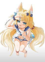 Rule 34 | 1girl, ahoge, animal ear fluff, animal ears, bare shoulders, barefoot, blonde hair, blue eyes, blue hair, blue nails, cat ears, dress, fingernails, fins, fish girl, fish tail, full body, highres, indie virtual youtuber, long hair, looking at viewer, low twintails, mana (manasenshou), multicolored hair, nail polish, navel, sameko saba, shorts, simple background, sleeveless, solo, streaked hair, tail, twintails, virtual youtuber, white background, white dress, white shorts