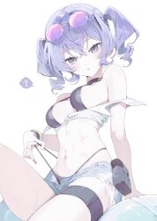 1girl :o ? absurdres bikini bikini_pull black_bikini blue_shorts breasts clothes_pull denim denim_shorts eyewear_on_head grey_eyes highres medium_breasts medium_hair meunhongcha navel original purple-tinted_eyewear purple_hair shorts simple_background solo speech_bubble spoken_question_mark sunglasses swimsuit tinted_eyewear white_background