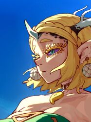 1girl bare_shoulders blonde_hair blue_eyes blue_sky day earrings highres horns jewelry light_dragon_(zelda) liuskin nintendo outdoors pendant_choker pointy_ears portrait princess_zelda short_hair sky solo the_legend_of_zelda the_legend_of_zelda:_tears_of_the_kingdom