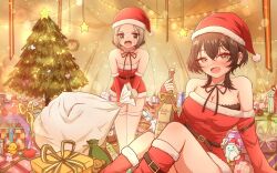 Rule 34 | 2girls, :d, arm belt, belt, black belt, black bra, black hair, black ribbon, blush, bonnouji momoha, boots, bottle, box, bra, bra peek, breasts, brown eyes, brown hair, bug, butterfly, christmas, christmas ornaments, christmas tree, christmas wreath, cleavage, collar, commentary, dress, drunk, earrings, fairy lights, fang, feet out of frame, fur-trimmed boots, fur-trimmed dress, fur-trimmed gloves, fur-trimmed headwear, fur trim, furrowed brow, gift, gift box, gloves, hair between eyes, hat, heart, highres, holding, holding bottle, holding sack, holly, insect, jewelry, kimi no koto ga dai dai dai dai daisuki na 100-nin no kanojo, knees up, kusanochika, large breasts, light particles, meido mai, multiple earrings, multiple girls, neck ribbon, open mouth, parted bangs, pentarou, red boots, red dress, red gloves, ribbon, sack, santa costume, santa dress, santa hat, shoe belt, short dress, short hair, sitting, smile, standing, star (symbol), strapless, strapless dress, stuffed animal, stuffed monkey, stuffed rabbit, stuffed toy, sweatdrop, symbol-only commentary, teddy bear, tent, thighhighs, tinted eyewear, underwear, v-shaped eyebrows, white butterfly, white collar, white thighhighs, wine bottle, wolf cut, wreath, zettai ryouiki