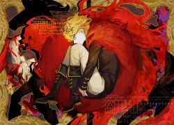 Rule 34 | 1girl, black boots, black coat, blonde hair, boots, cape, coat, don quixote (project moon), full body, gold trim, highres, knees up, limbus company, long sleeves, looking to the side, nishikujic, project moon, puzzle, red cape, red eyes, sancho (project moon), short hair, solo