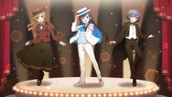 3girls :d ascot binchou_maguro black_bow black_bowtie black_hair black_ribbon blonde_hair blue_ascot blue_eyes blue_hair blunt_ends blush boots bow bowtie brown_background brown_boots brown_bow brown_jacket brown_pants brown_shoes brown_skirt buttons cane cevio closed_mouth collared_shirt colored_inner_hair commentary curtains double-breasted futaba_minato hand_on_headwear hat hat_bow holding holding_cane jacket juliet_sleeves long_hair long_sleeves multicolored_hair multiple_girls neck_ribbon open_clothes open_jacket open_mouth outstretched_arm pants puffy_sleeves red_hat red_jacket ribbon satou_sasara shirt shoes short_hair skirt skirt_hold smile stage_curtains suzuki_tsudumi white_hat white_jacket white_pants white_shirt white_shoes yellow_eyes