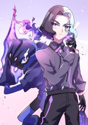 1boy absurdres amethio_(pokemon) black_gloves black_pants ceruledge closed_mouth collared_shirt commentary_request creatures_(company) fire game_freak glint gloves hand_up highres holding holding_tera_orb loose_hair_strand male_focus multicolored_hair nintendo pants pokemon pokemon_(anime) pokemon_(creature) pokemon_horizons purple_eyes purple_fire shirt short_hair symbol-shaped_pupils tera_orb triangle-shaped_pupils two-tone_hair yukimaru_(jvje4777)