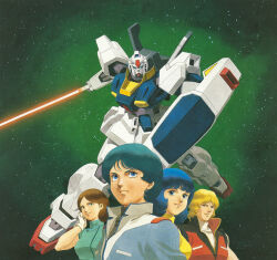2boys 2girls bare_shoulders energy_sword blonde_hair blue_eyes blue_hair brown_hair emma_sheen fa_yuiry gloves gundam gundam_mk_ii hand_in_own_hair kamille_bidan kitazume_hiroyuki looking_at_viewer mecha military_uniform mobile_suit mullet multiple_boys multiple_girls nebula official_art promotional_art quattro_bajeena retro_artstyle robot scan science_fiction shield space star_(symbol) star_symbol_background traditional_media upper_body v-fin vest zeta_gundam
