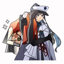 Rule 34 | 2girls, ado (utaite), anger vein, black hair, black thighhighs, blue eyes, blue hair, carrying, carrying person, chando (ado), coat, coat on shoulders, commentary request, dress, fang, hat, highres, long hair, lugosi (ado), mole, mole under eye, multiple girls, open mouth, orange dress, pike (azas ef), ponytail, show (ado), simple background, sleeveless, sleeveless dress, sweatdrop, thighhighs, utaite, white background, white coat, white hat