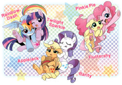 animal animal_focus bano_akira blonde_hair blue_eyes blush border character_name colorful curly_hair cutie_mark fluttershy green_eyes hat hooves horse long_hair mane_six_(my_little_pony) multicolored_hair my_little_pony my_little_pony:_friendship_is_magic no_humans one_eye_closed pegasus pink_hair pinkie_pie pony_(animal) purple_eyes purple_hair rainbow_dash rainbow_hair rarity_(my_little_pony) star_(symbol) twilight_sparkle unicorn unworn_hat unworn_headwear white_border wings