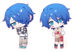 1boy :&gt; absurdres alternate_costume aqua_shoes bags_under_eyes blood blood_on_clothes blood_on_face blue_eyes blue_hair brown_pants brown_shorts chibi chibi_only collared_shirt evil_grin evil_smile grin hair_between_eyes hair_over_one_eye highres holding looking_at_viewer male_focus milgram multiple_views necktie outline pants pink_outline red_necktie sakurai_haruka_(milgram) shirt shoes short_hair shorts simple_background smile sweater_vest white_background white_shirt yingwux1