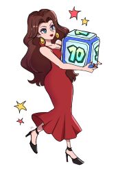 1girl agua_mp artist_name bare_arms bare_shoulders black_footwear blue_eyes brown_hair dice dice_block donkey_kong_(series) dress earrings eyelashes full_body high_heels holding holding_dice jewelry long_dress long_hair makeup mario_(series) mario_party nintendo numbered pauline_(mario) simple_background sleeveless solo star_(symbol) super_mario_party_jamboree wavy_hair white_background
