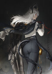 1girl absurdres angelo_(angeloart26) arm_pouch ass black_gloves black_horns black_jacket black_pants black_pouch black_tail breasts closed_mouth clothes_grab commentary curled_horns from_behind gloves highres horns jacket large_breasts long_hair looking_at_viewer looking_back necktie necktie_grab neckwear_grab pants red_eyes red_necktie revision shield shirt solo tight_clothes tight_pants white_hair white_shirt wuthering_waves zani_(wuthering_waves)