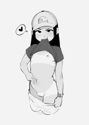 1girl baseball_cap borrowed_character cleft_of_venus clothes_lift cropped_legs female_focus flat_chest greyscale hat heart highres loli looking_at_viewer mole mole_on_pussy monochrome mouth_hold naughty_face navel nipples okymir original pussy shirt_lift solo spoken_heart spread_navel tan tanline teeth uncensored v white_background