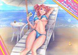 1girl absurdres ahoge arm_behind_head bikini bird blue_bikini breasts cameltoe character_name cleavage commentary_request covered_erect_nipples cup dddosao drinking_glass duck feet_out_of_frame grin groin hair_bobbles hair_ornament highres large_breasts navel onozuka_komachi radio red_eyes sitting smile solo swimsuit touhou two_side_up umbrella white_umbrella