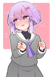 1girl @_@ a.i._voice blush cowboy_shot grey_serafuku grey_shirt grey_skirt hair_ornament hairclip highres ini_(inunabe00) long_sleeves neck_ribbon nose_blush open_mouth outline purple_eyes purple_hair purple_ribbon red_background ribbon school_uniform serafuku shirt short_hair_with_long_locks skirt solo sweat turtleneck two-tone_background vocaloid voiceroid white_background white_outline yuzuki_yukari yuzuki_yukari_(shizuku)