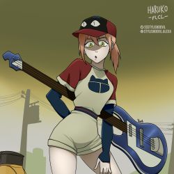 1girl absurdres baseball baseball_bat baseball_cap baseball_uniform bass_guitar carefree cat character_name copyright_name derivative_work flcl guitar haruhara_haruko hat highres instrument motor_vehicle pink_hair scooter screenshot_redraw self-upload shorts solo sportswear surprised vespa yellow_eyes