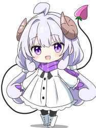 1girl :d ahoge black_pantyhose blush boots brown_horns chibi coat curled_horns curly_hair demon_girl demon_tail full_body horns kotatsu-mazoku lilith_(machikado_mazoku) lilith_(machikado_mazoku)_(homunculus) long_hair low_twintails machikado_mazoku mittens open_mouth pantyhose purple_eyes purple_mittens purple_scarf scarf sidelocks simple_background smile solo standing tail twintails white_background white_boots white_coat winter_clothes