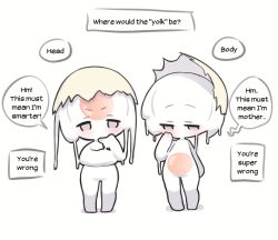2girls blush chibi deformed egg_yolk eggshell english_text highres multiple_girls original simple_background speech_bubble sunggou white_background