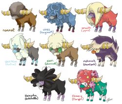 bad_id bad_tumblr_id black_eyes blue_eyes bouffalant character_name closed_mouth clytemnon commentary creature english_commentary english_text florges florges_(red_flower) full_body furfrou furfrou_(star) fusion gen_1_pokemon gen_4_pokemon gen_5_pokemon gen_6_pokemon gothitelle horns jynx multiple_fusions nintendo no_humans orange_eyes pokemon pokemon_(creature) simple_background skuntank standing tangrowth whimsicott white_background yellow_eyes