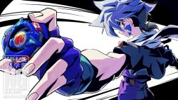 1boy bakuten_shoot_beyblade beyblade beyblade_(object) black_background black_jacket blue_hair brown_hair cowboy_shot cropped_jacket facial_mark fingerless_gloves from_behind gloves hiwatari_kai jacket looking_at_viewer male_focus short_hair simple_background solo tkoknmy0321 watermark white_background