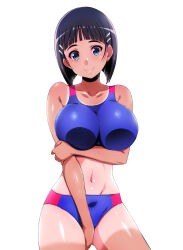 1girl absurdres black_hair blue_eyes blue_sports_bra breasts closed_mouth hair_ornament hairclip highres island_(kossori) kirigaya_suguha large_breasts looking_at_viewer navel one-piece_tan short_hair simple_background smile solo sports_bra sword_art_online tan tanline white_background