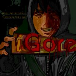 1boy bag black_eyes black_gloves black_hair blood blood_drip blood_on_face cry_of_fear english_text fingerless_gloves gloves grey_hoodie grin heterochromia highres holding holding_sign hood hood_up hoodie icarly male_focus open_mouth red_eyes shoulder_bag sign simon_henriksson_(book) smile solo upper_body zipper zonicosz