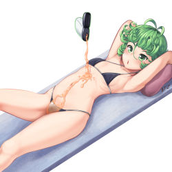 1girl arms_up batazungharn bikini black_bikini breasts curly_hair female_focus green_eyes green_hair highres lotion lotion_bottle lube lying navel on_back one-punch_man open_mouth pillow short_hair small_breasts solo stomach string_bikini swimsuit tatsumaki