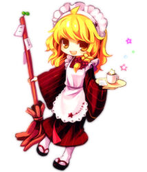 1girl adapted_costume alternate_costume apron blonde_hair bow braid broom checkered_bow checkered_clothes coffee_mug cup dress hair_bow holding holding_broom kirisame_marisa long_hair looking_at_viewer maid maid_apron maid_headdress mug nishiki_koi open_mouth single_braid smile solo star_(symbol) striped_clothes striped_dress touhou tray wa_maid yellow_eyes