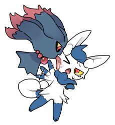 blue_fur colored_sclera gen_2_pokemon gen_6_pokemon licking meowstic meowstic_(female) misdreavus nintendo open_mouth pokemon pokemon_(creature) red_eyes simple_background tosx two-tone_fur white_background white_fur yellow_sclera