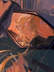 2boys blue_eyes cigarette daybit_sem_void fate/grand_order fate_(series) golden_hour highres holding holding_cigarette hungrycookies1 long_hair looking_at_viewer multiple_boys purple_eyes side-view_mirror sky tezcatlipoca_(fate)