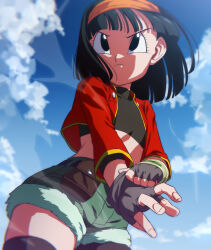 Rule 34 | 1girl, adjusting clothes, adjusting gloves, black eyes, black gloves, black hair, black thighhighs, blue eyes, blue sky, closed mouth, cloud, commentary request, day, dragon ball, dragon ball heroes, fingerless gloves, flat chest, gloves, green shorts, hairband, jacket, long sleeves, midriff, navel, orange hairband, outdoors, pan (dragon ball), pan (xeno) (dragon ball), red jacket, rom (20), short hair, shorts, single leg pantyhose, single thighhigh, sky, solo, thighhighs