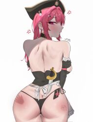1girl alternate_costume anger_vein annoyed artist_request ass bare_shoulders bikini blush breasts butt_crack detached_sleeves from_behind goddess_of_victory:_nikke hat large_breasts long_hair looking_at_viewer looking_back maid maid_bikini maid_headdress mast_(nikke) mast_(romantic_maid)_(nikke) pink_hair pirate_hat purple_eyes red_hair shaded_face sideboob solo swimsuit thong thong_bikini twintails unconventional_maid