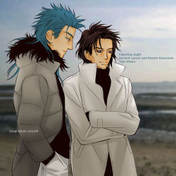 Rule 34 | 00s, 2boys, beach, blue hair, brown hair, coat, crossed arms, cu chulainn (fate), cu chulainn (fate/stay night), day, en, fate/stay night, fate (series), hands in pockets, kotomine kirei, male focus, multiple boys, outdoors, utsugi sakuko, wind