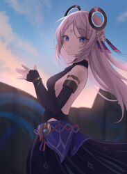 1girl absurdres arm_cuffs backless_leotard bare_back bare_shoulders black_leotard blue_eyes bracelet breasts citlali_(genshin_impact) cloud cloudy_sky detached_sleeves facial_hair facial_mark feather_hair_ornament feathers floating_headgear forehead_mark genshin_impact hair_ornament heattech_leotard highleg highleg_leotard highres jewelry leotard long_hair looking_at_viewer outdoors pink_hair pink_pupils purple_feathers purple_skirt sideboob skirt sky sleeves_past_wrists slepii4 small_breasts solo triangle triangle_facial_mark turtleneck