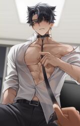 2boys abs absurdres belt black_collar black_hair black_pants blush collar earrings genshin_impact grey_eyes grey_hair hair_between_eyes highres jewelry male_focus multicolored_hair multiple_boys muscular muscular_male open_clothes open_shirt pants scar scar_on_chest scar_on_neck shirt short_hair solcha streaked_hair sweat sweatdrop teeth white_shirt wriothesley_(genshin_impact) yaoi