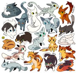 Rule 34 | absurdres, animal focus, aqua eyes, ashfur, barley (warrior cats), blue eyes, bone (warrior cats), boulder (warrior cats), brown cat, cat, cedarheart, character name, chibi, chibi only, chinese commentary, claws, closed eyes, collar, commentary request, dawnflower, everyone, ferncloud, green eyes, grey cat, greypool, henry (warrior cats), highres, jaggedtooth, mosspelt, no humans, orange cat, orange eyes, princess (warrior cats), rearing, rehtaef, rowanclaw, runningbrook, russetfur, scar, simple background, smudge (warrior cats), tail, tawnyfur, the prophecies begin, tortoiseshell cat, warrior cats, webfoot, white background, white cat, whitetail (warrior cats), yellow cat, yellow eyes