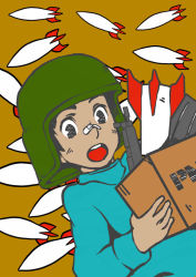 1980s_(style) 1boy alfred_izuruha black_hair box child flat_color gun gundam gundam_0080 helmet male_focus retro_artstyle retro_artstyle rocket solo weapon