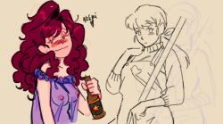 Rule 34 | beer bottle, blush, bottle, bow, disheveled, drunk, grandquest, hair bow, holding, holding bottle, maison ikkoku, nipples, otonashi kyouko, piyo piyo apron, red hair, roppongi akemi, see-through clothes
