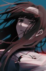 Rule 34 | 1girl, black eyes, black hair, blunt bangs, dress, expressionless, eyelashes, gnosia, hair between eyes, hairband, highres, hime cut, long hair, looking at viewer, simple background, solo, straight hair, to zero to fly, upper body, white dress, yuriko (gnosia)