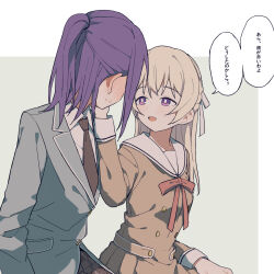 2girls :d bang_dream! black_necktie blush border bow buttons coldcat. collarbone collared_shirt dot_nose double-breasted dress flat_color grey_background grey_jacket hair_bow half_updo hand_on_another&#039;s_cheek hand_on_another&#039;s_face hand_on_own_leg high_ponytail highres jacket light_brown_hair long_sleeves looking_at_another multiple_girls neck_ribbon necktie open_mouth orange_dress plaid_clothes plaid_skirt pleated_skirt ponytail purple_eyes purple_hair raised_eyebrows red_ribbon ribbon sailor_collar school_uniform seta_kaoru shirasagi_chisato shirt skirt sleeve_cuffs smile sweatdrop upper_body white_border white_bow white_sailor_collar white_shirt wispy_bangs yuri