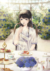 1girl absurdres black_eyes black_hair blue_bow blue_eyes blue_flower blue_rose bow cake chair commission conservatory creamer_(vessel) cup dress eating flower food fork fruit hair_bow half_updo heterochromia highres holding holding_fork jam long_hair looking_at_object macaron original plate puffy_short_sleeves puffy_sleeves rose rose_bush sailor_dress sample_watermark sandwich scone short_sleeves sitting solo strawberry sugar_bowl table tart_(food) teacup teapot tiered_tray upper_body watermark white_dress yoi_(207342)