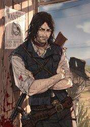 1boy absurdres arm_hair beard belt black_vest blood blood_on_hands brown_belt cigarette closed_mouth connected_beard cowboy_western crossed_arms eyepatch facial_hair gun gun_on_back handgun highres john_marston male_focus mature_male nyeigneous outdoors overcast red_dead_redemption red_dead_redemption_(series) rifle sky smoking solo v-shaped_eyebrows vest wanted_poster weapon weapon_on_back