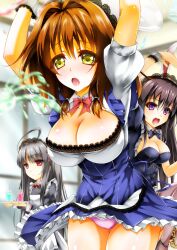 2017 3girls absolute_duo apron artist_name breasts brown_hair cleavage grey_hair highres hotaka_miyabi maid maid_apron maid_headdress medium_breasts multiple_girls panties pink_panties purple_eyes rabbit_ears red_eyes skirt thighs tsukimi_rito underwear yellow_eyes yurie_sigtuna