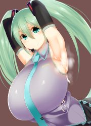 1girl absurdres aqua_eyes aqua_hair armpits arms_behind_head arms_up breasts brown_background cum cum_on_body cum_on_upper_body detached_sleeves facominn female_focus gigantic_breasts hatsune_miku highres long_hair looking_at_viewer naughty_face necktie sideboob simple_background skirt smile solo steam twintails upper_body vocaloid