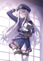 1girl 86_-eightysix- absurdres blue_eyes clipboard gloves hand_on_own_head hat highres hyosi long_hair military_hat military_uniform skirt solo thighhighs vladilena_millize white_gloves white_hair